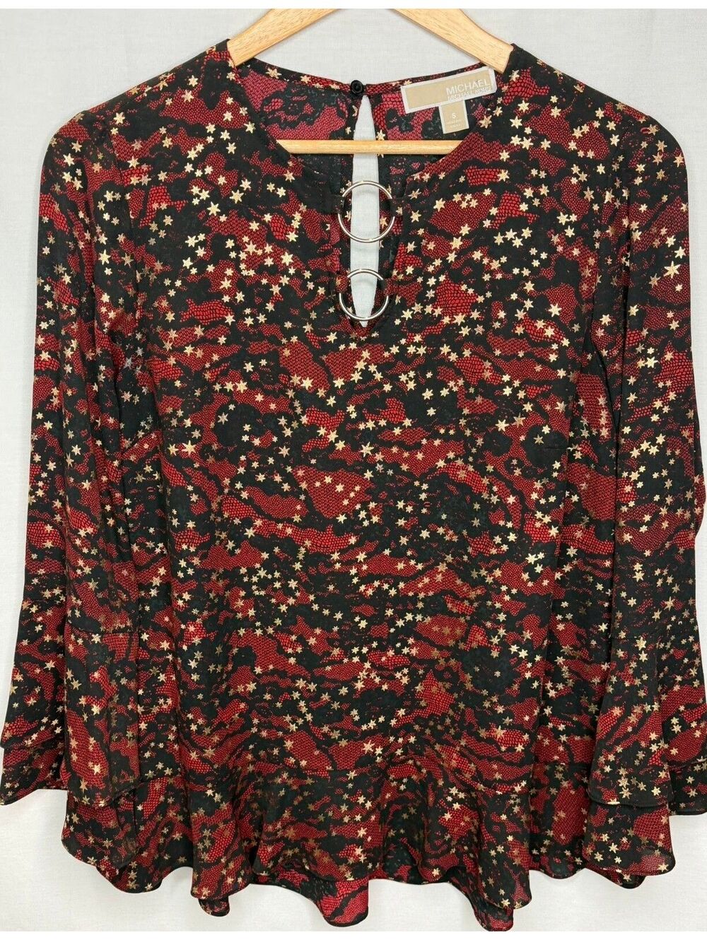 MICHAEL Michael Kors Size S Black Red Gold Star Print Ring Peplum Blouse